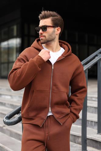 Acı Kahverengi Çift Fermuarlı Kapüşonlu Eşofman Takımı E7345