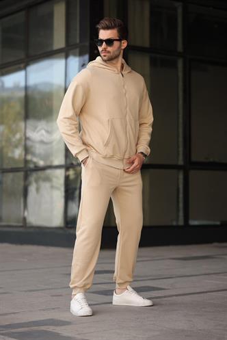Bej Kapüşonlu Fermuarlı Basic Erkek Eşofman Takımı E7331