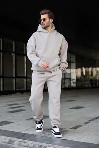 Boyalı Gri Kapşonlu Basic Eşofman Takımı 5925