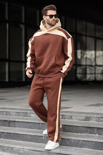 Acı Kahverengi Kapüşonlu Şerit Detaylı Erkek Eşofman Takımı E7326