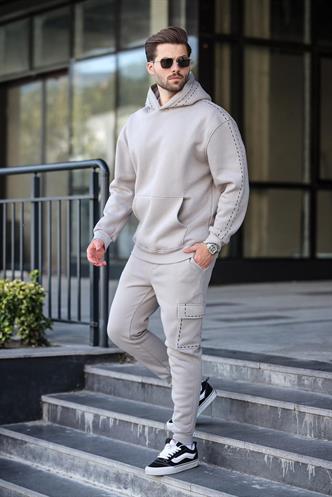 Boyalı Gri Erkek Kapüşonlu Paçası Lastikli Eşofman Takımı 5957