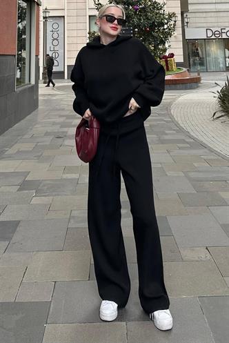 Siyah Kapüşonlu Triko Kadın Eşofman Takımı MG2237