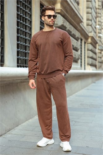 Kahverengi Yıkamalı Bisiklet Yaka Regular Fit Erkek Sweat Eşofman Takım E7369