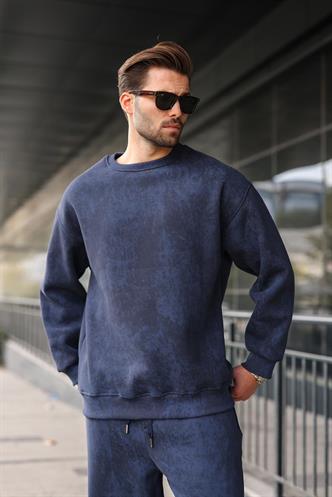 Lacivert Bisiklet Yaka Batik Desenli Erkek Sweatshirt Pantolon Takım E7344