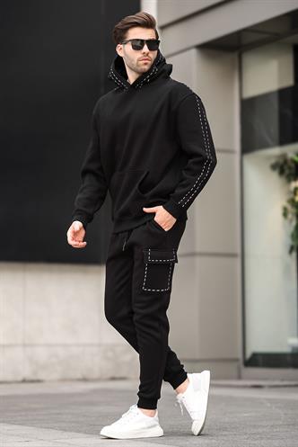 Siyah Erkek Kapüşonlu Paçası Lastikli Eşofman Takımı 5957