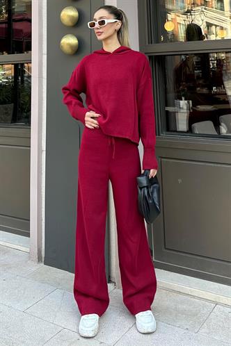 Bordo Kapüşonlu Triko Kadın Eşofman Takımı MG2237