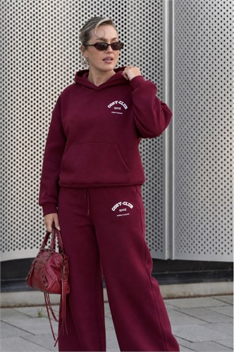 Bordo Kapüşonlu Baskılı Kadın Eşofman Takımı MG2524