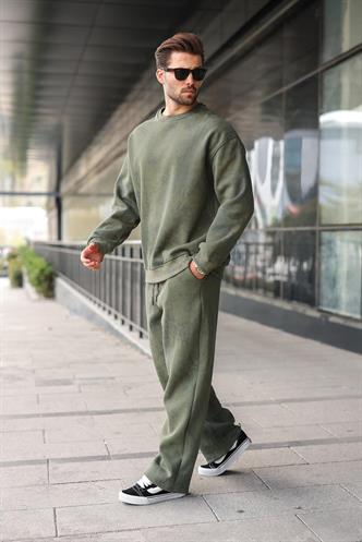 Haki Bisiklet Yaka Batik Desenli Erkek Sweatshirt Pantolon Takım E7344