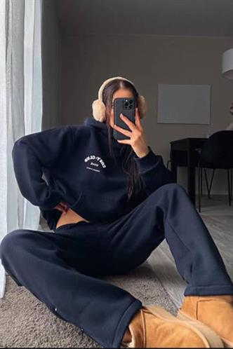 Lacivert Kapüşonlu Baskılı Kadın Eşofman Takımı MG2524