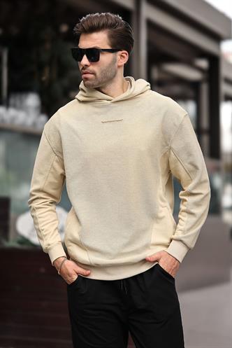 Bej Kapüşonlu Cep Detaylı Nakışlı Erkek Sweatshirt 7050
