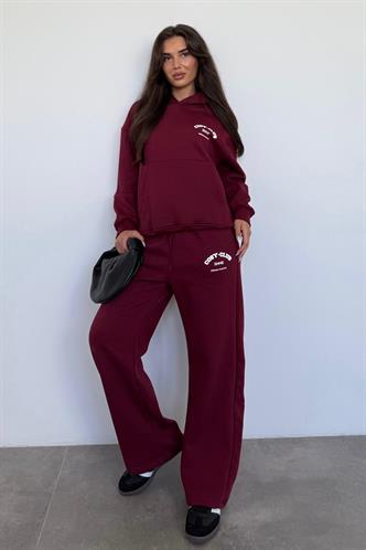 Bordo Kapüşonlu Baskılı Kadın Eşofman Takımı MG2524