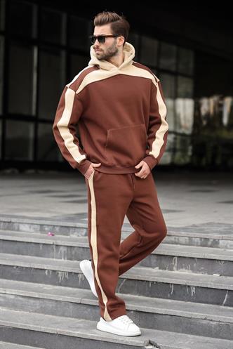 Acı Kahverengi Kapüşonlu Şerit Detaylı Erkek Eşofman Takımı E7326