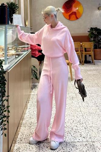 Pembe Kapüşonlu Triko Kadın Eşofman Takımı MG2237