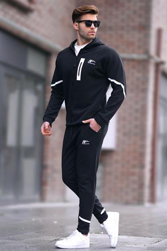  Kapüşonlu Siyah Erkek Eşofman Takımı 6813