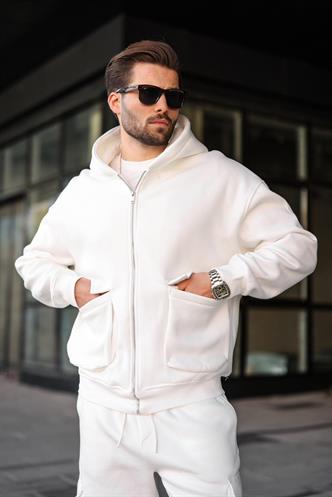 Ekru Kapüşonlu Kargo Cepli Erkek Eşofman Takımı E7342