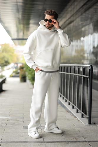 Ekru Kapüşonlu Kanguru Cep Erkek Eşofman Takımı E7338