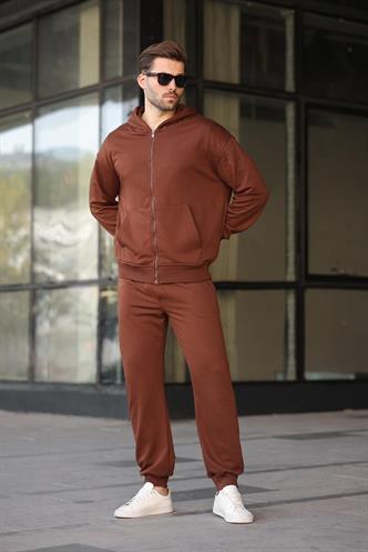 Acı Kahverengi Kapüşonlu Fermuarlı Basic Erkek Eşofman Takımı E7331