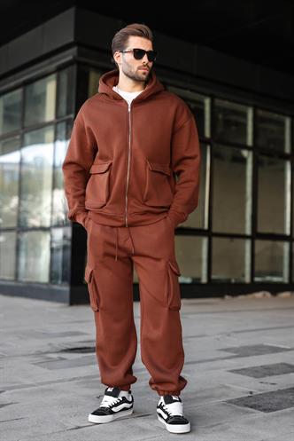 Acı Kahverengi Kapüşonlu Kargo Cepli Erkek Eşofman Takımı E7342