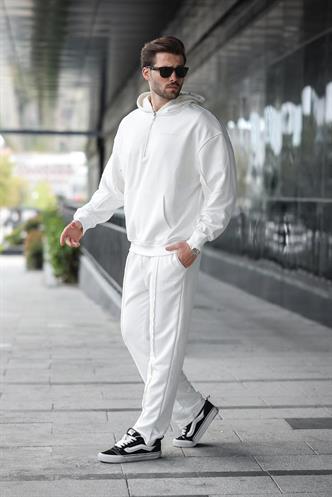 Ekru Yarım Fermuarlı Kapüşonlu Erkek Eşofman Takımı E7332