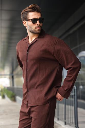 Kahverengi Düğmeli Basic Erkek Gömlek Pantolon Takım E7335