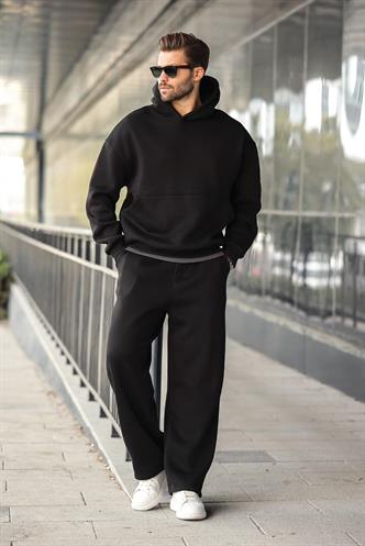 Siyah Kapüşonlu Kanguru Cep Erkek Eşofman Takımı E7338