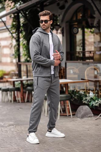 Antrasit Kapüşonlu Rahat Kesim Erkek Eşofman Takımı E7330