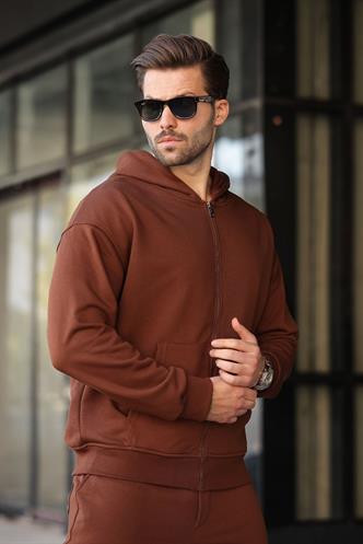 Acı Kahverengi Kapüşonlu Fermuarlı Basic Erkek Eşofman Takımı E7331