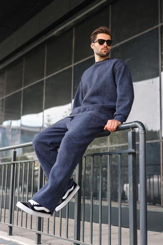 Lacivert Bisiklet Yaka Batik Desenli Erkek Sweatshirt Pantolon Takım E7344