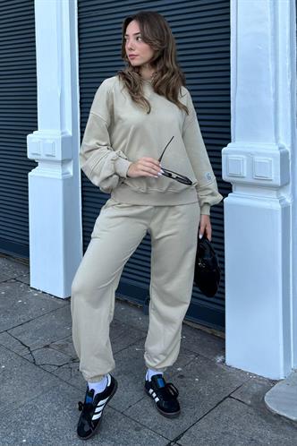 Bej Bisiklet Yaka Arma Detaylı Kadın Eşofman Takımı MG2186