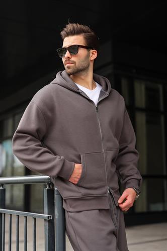 Füme Çift Fermuarlı Kapüşonlu Eşofman Takımı E7345