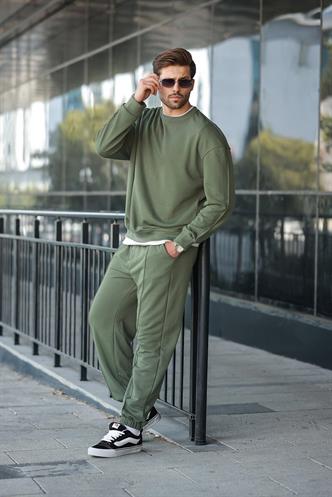 Haki Bisiklet Yaka Basic Erkek Eşofman Takımı E7323