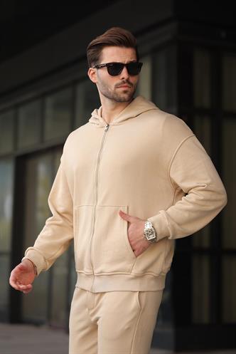 Bej Kapüşonlu Fermuarlı Basic Erkek Eşofman Takımı E7331