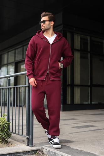 Bordo Çift Fermuarlı Kapüşonlu Eşofman Takımı E7345