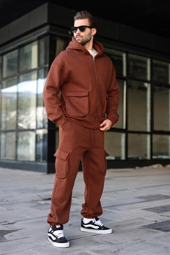 Acı Kahverengi Kapüşonlu Kargo Cepli Erkek Eşofman Takımı E7342