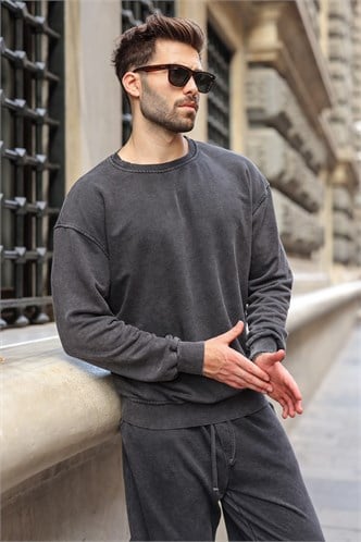 Kahverengi Yıkamalı Bisiklet Yaka Regular Fit Erkek Sweatshirt E7369
