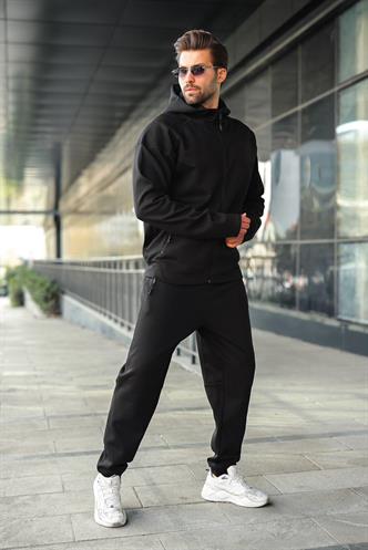 Siyah Erkek Kapüşonlu Fermuarlı Erkek Eşofman Takımı E7343