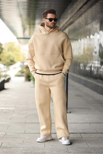 Bej Kapüşonlu Kanguru Cep Erkek Eşofman Takımı E7338