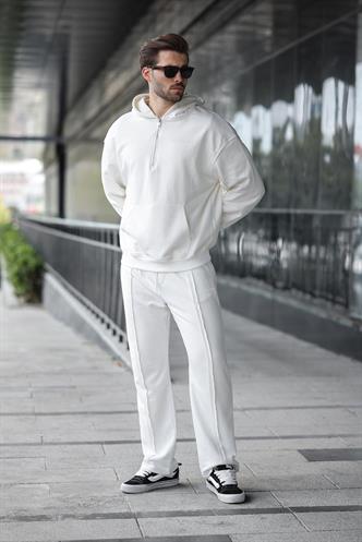 Ekru Yarım Fermuarlı Kapüşonlu Erkek Eşofman Takımı E7332