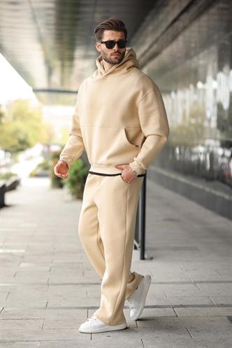 Bej Kapüşonlu Kanguru Cep Erkek Eşofman Takımı E7338