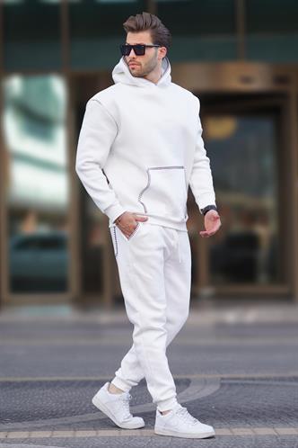 Ekru Erkek Kapüşonlu Paçası Lastikli Eşofman Takımı 7045