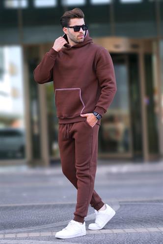 Acı Kahverengi Erkek Kapüşonlu Paçası Lastikli Eşofman Takımı 7045