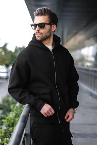 Siyah Kapüşonlu Kargo Cepli Erkek Eşofman Takımı E7342