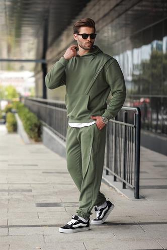 Haki Kapüşonlu Kanguru Cep Erkek Eşofman Takımı E7325