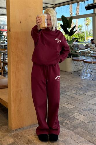 Bordo Kapüşonlu Baskılı Kadın Eşofman Takımı MG2524