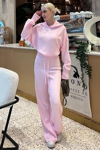 Pembe Kapüşonlu Triko Kadın Eşofman Takımı MG2237