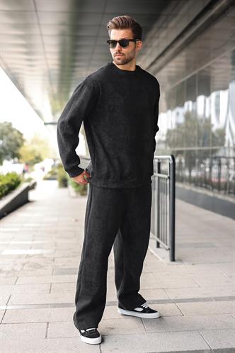 Siyah Bisiklet Yaka Batik Desenli Erkek Sweatshirt Pantolon Takım E7344