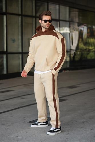 Bej Kapüşonlu Şerit Detaylı Erkek Eşofman Takımı E7326
