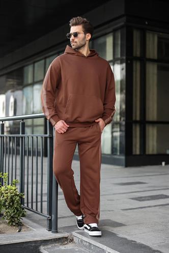 Acı Kahverengi Kanguru Cep Kapüşonlu Erkek Eşofman Takımı E7336
