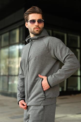 Antrasit Erkek Kapüşonlu Fermuarlı Erkek Eşofman Takımı E7343