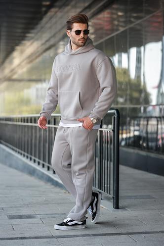 Boyalı Gri Kapüşonlu Erkek Eşofman Takımı E7324
